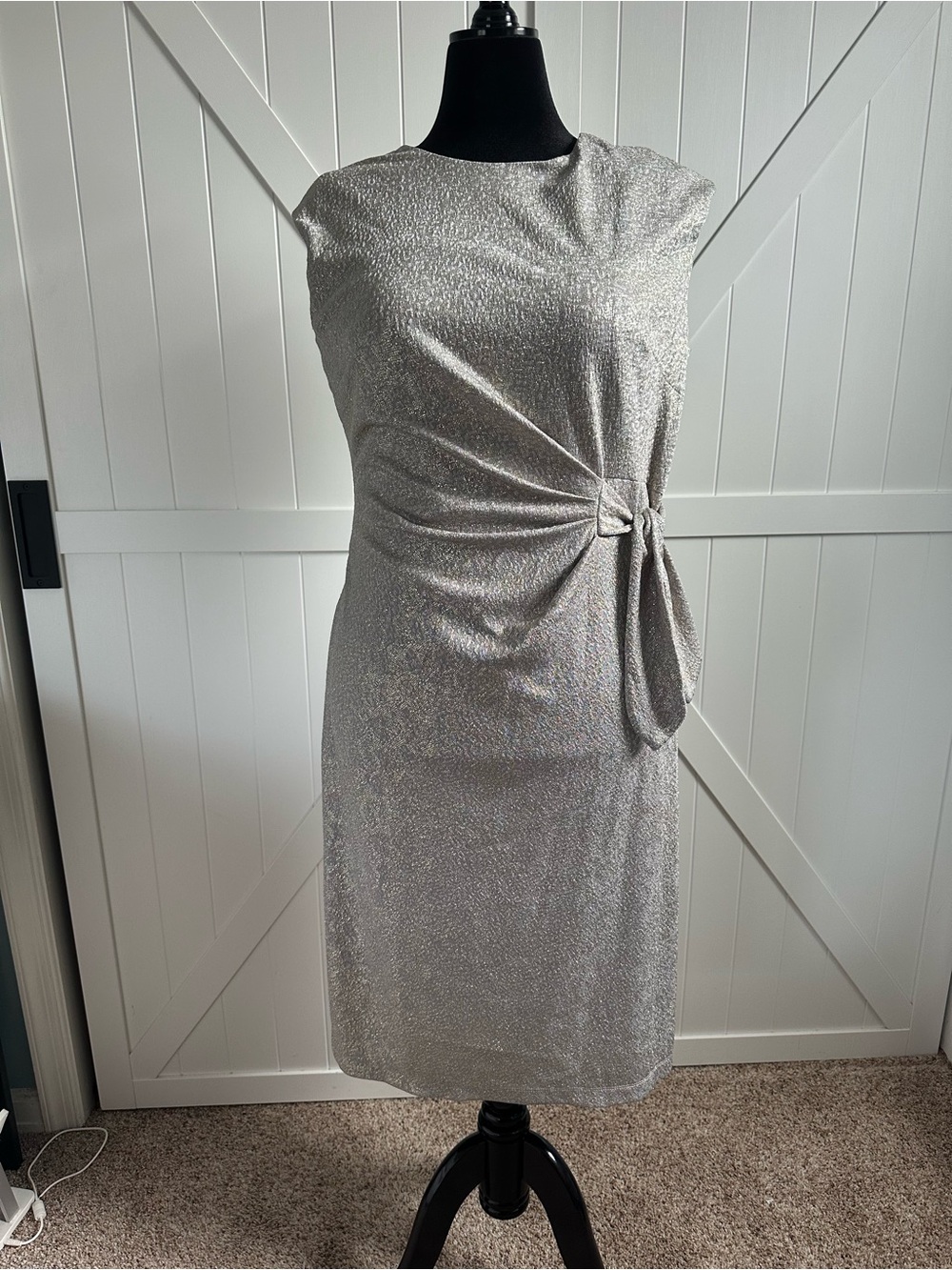 London Times Women’s Size 16 Silver Metallic Side Tie Midi Dress